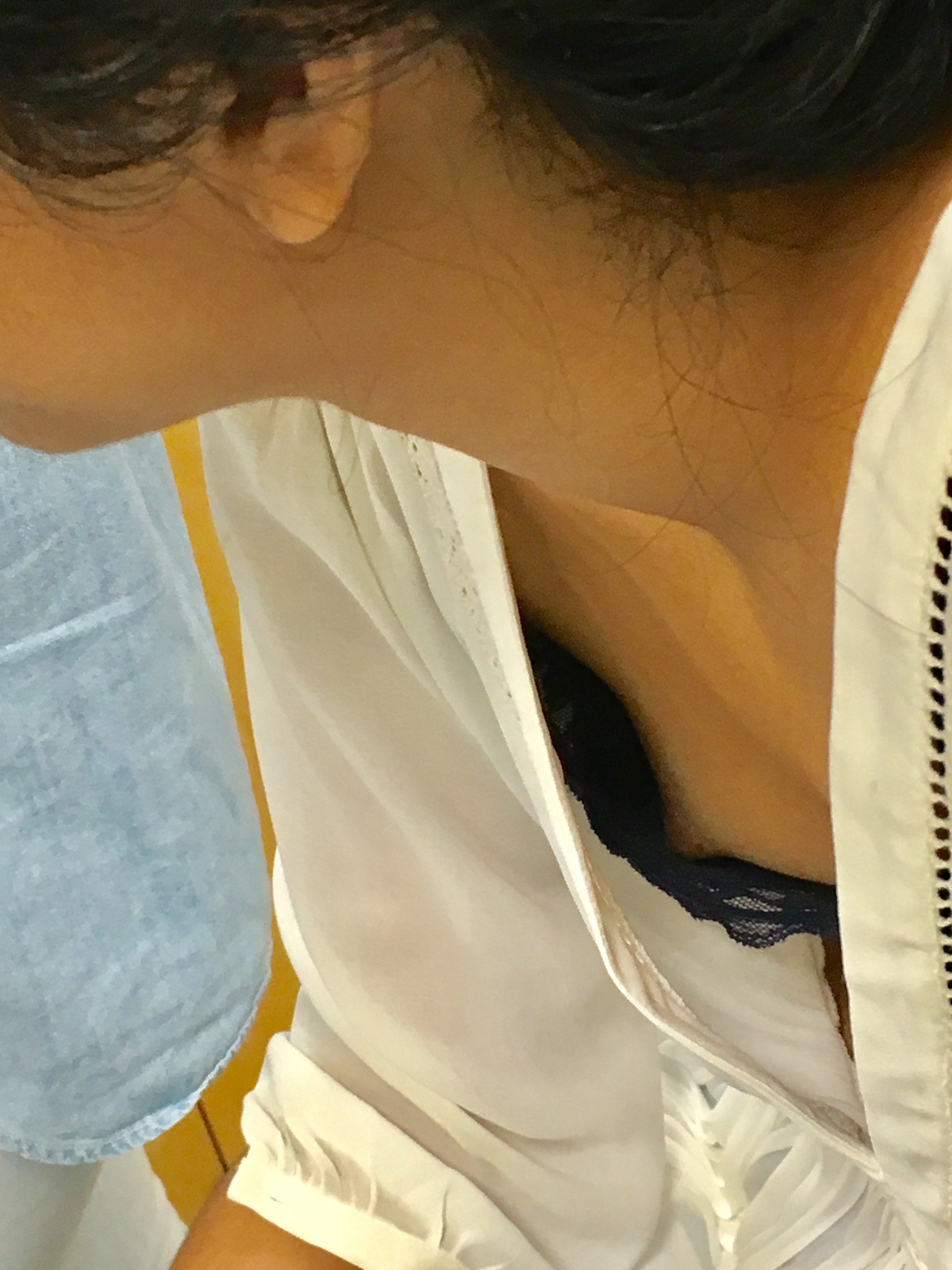 Petite asian college downblouse with nip slip