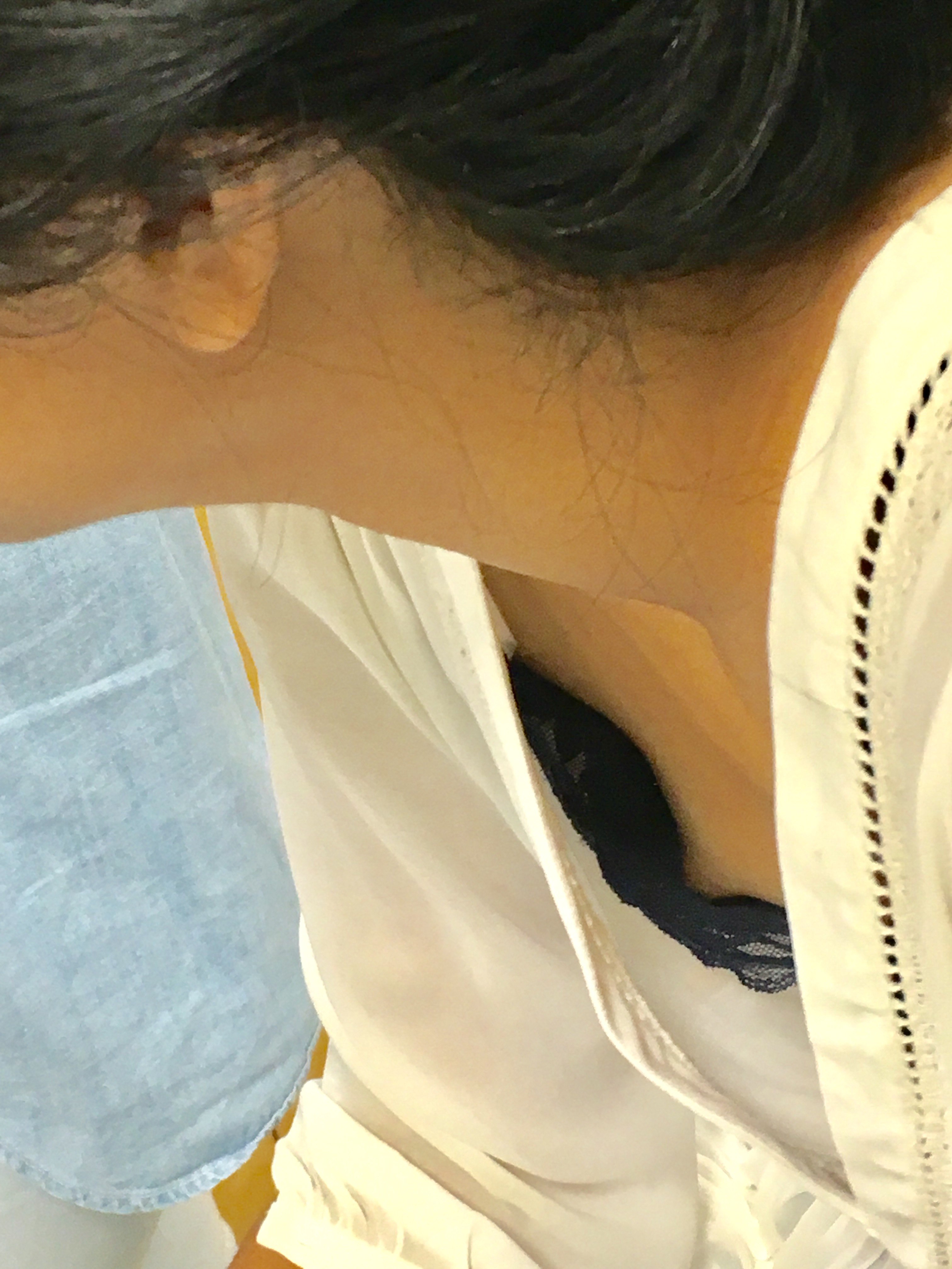 Petite asian college downblouse with nip slip