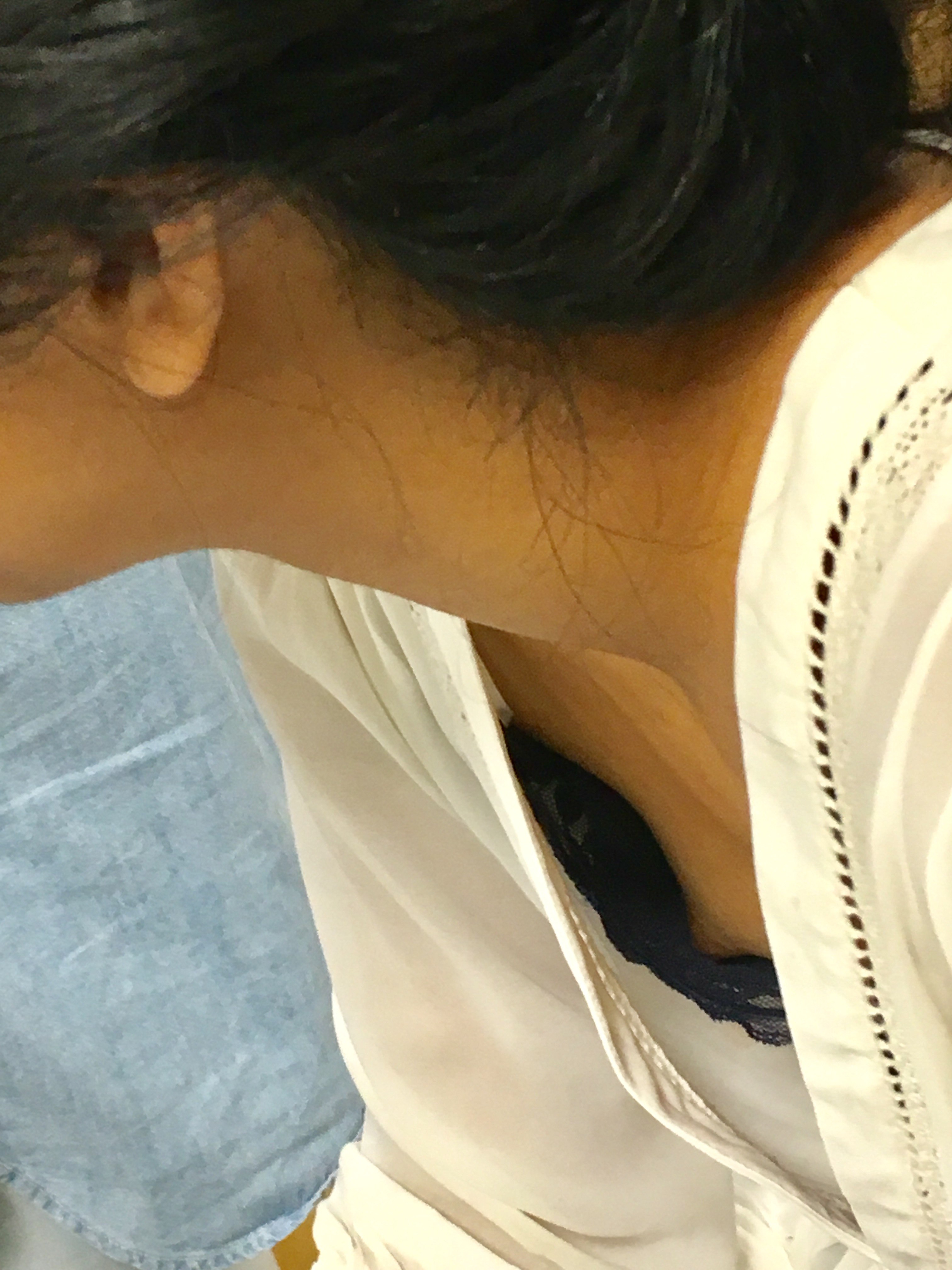Petite asian college downblouse with nip slip