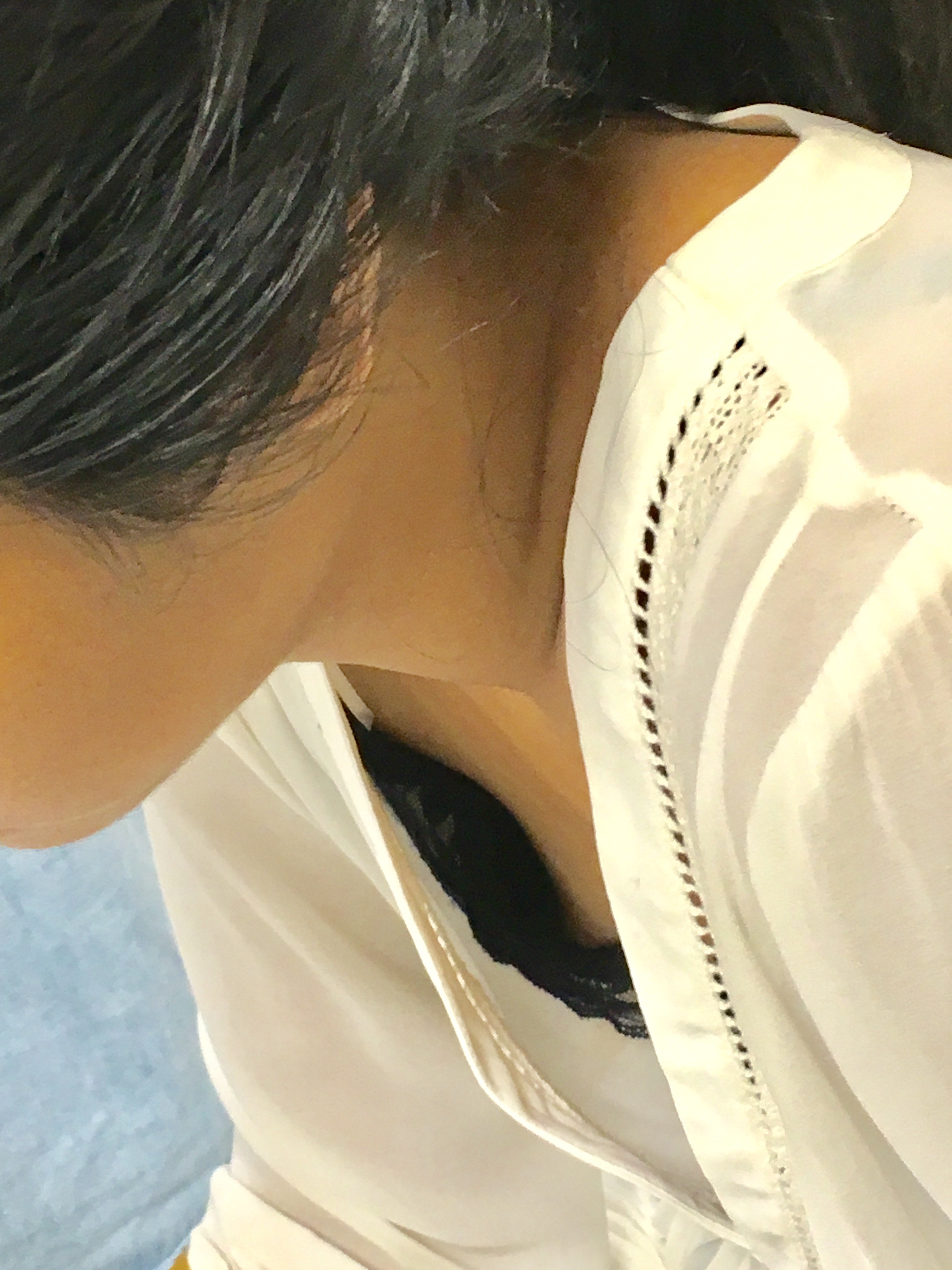 Petite asian college downblouse with nip slip