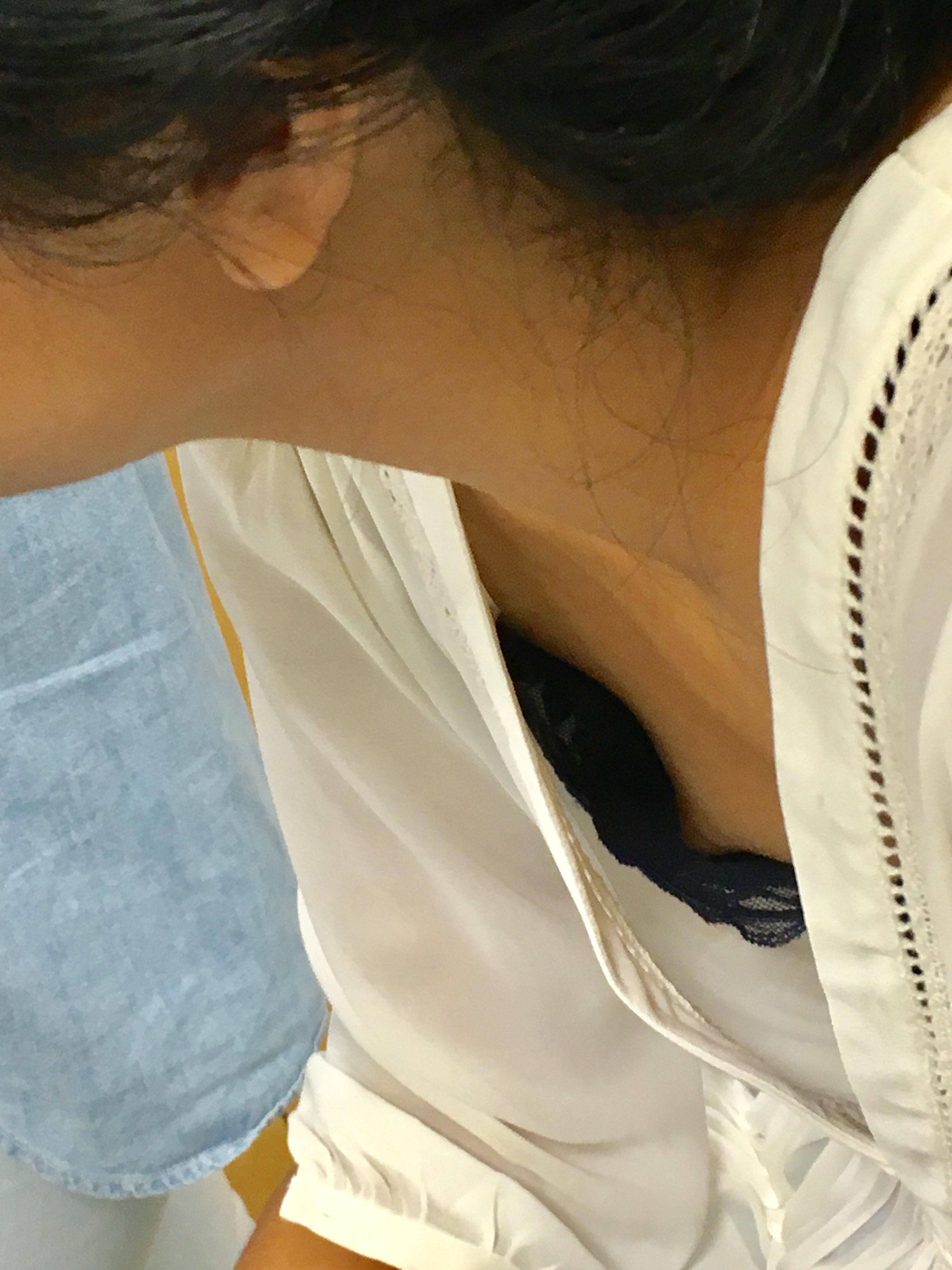 Petite asian college downblouse with nip slip