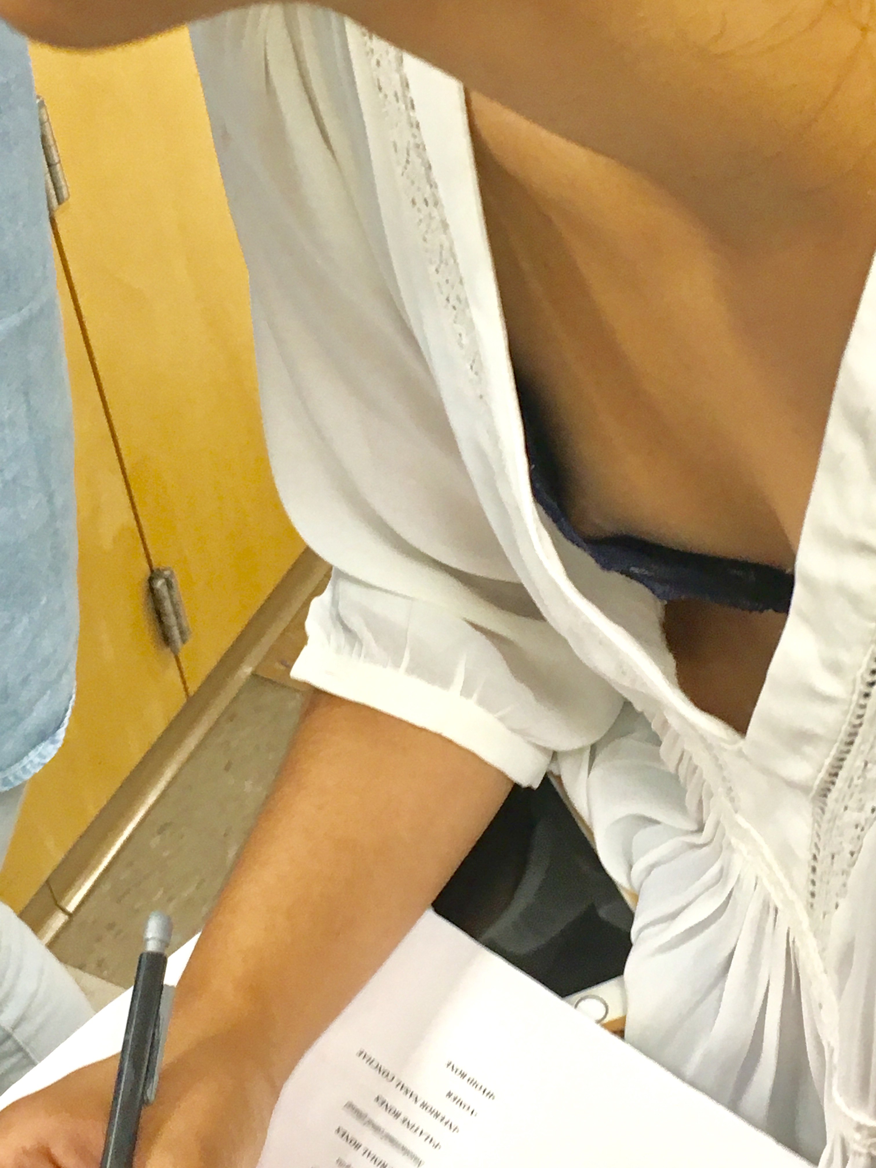 Petite asian college downblouse with nip slip