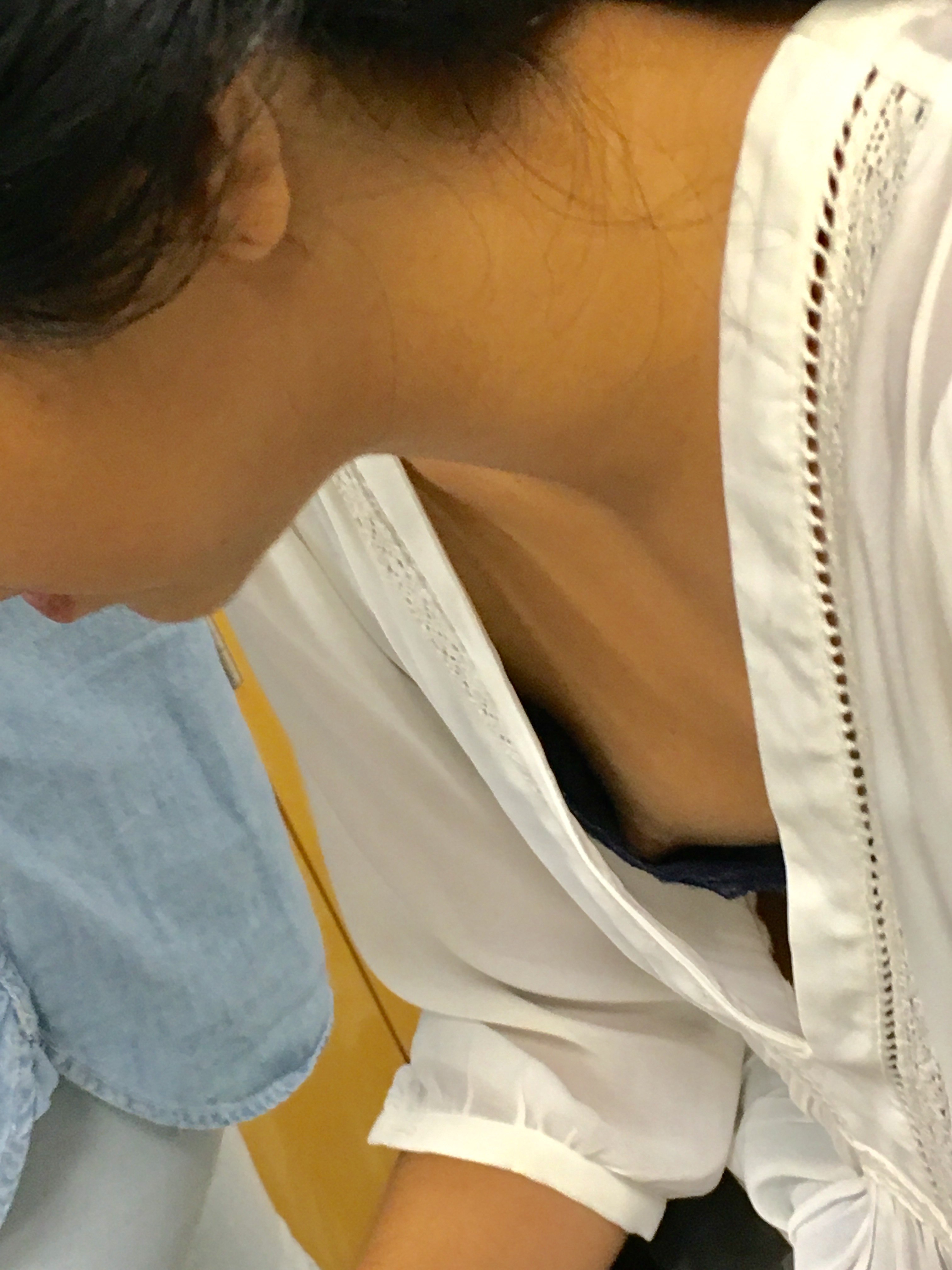 Petite asian college downblouse with nip slip