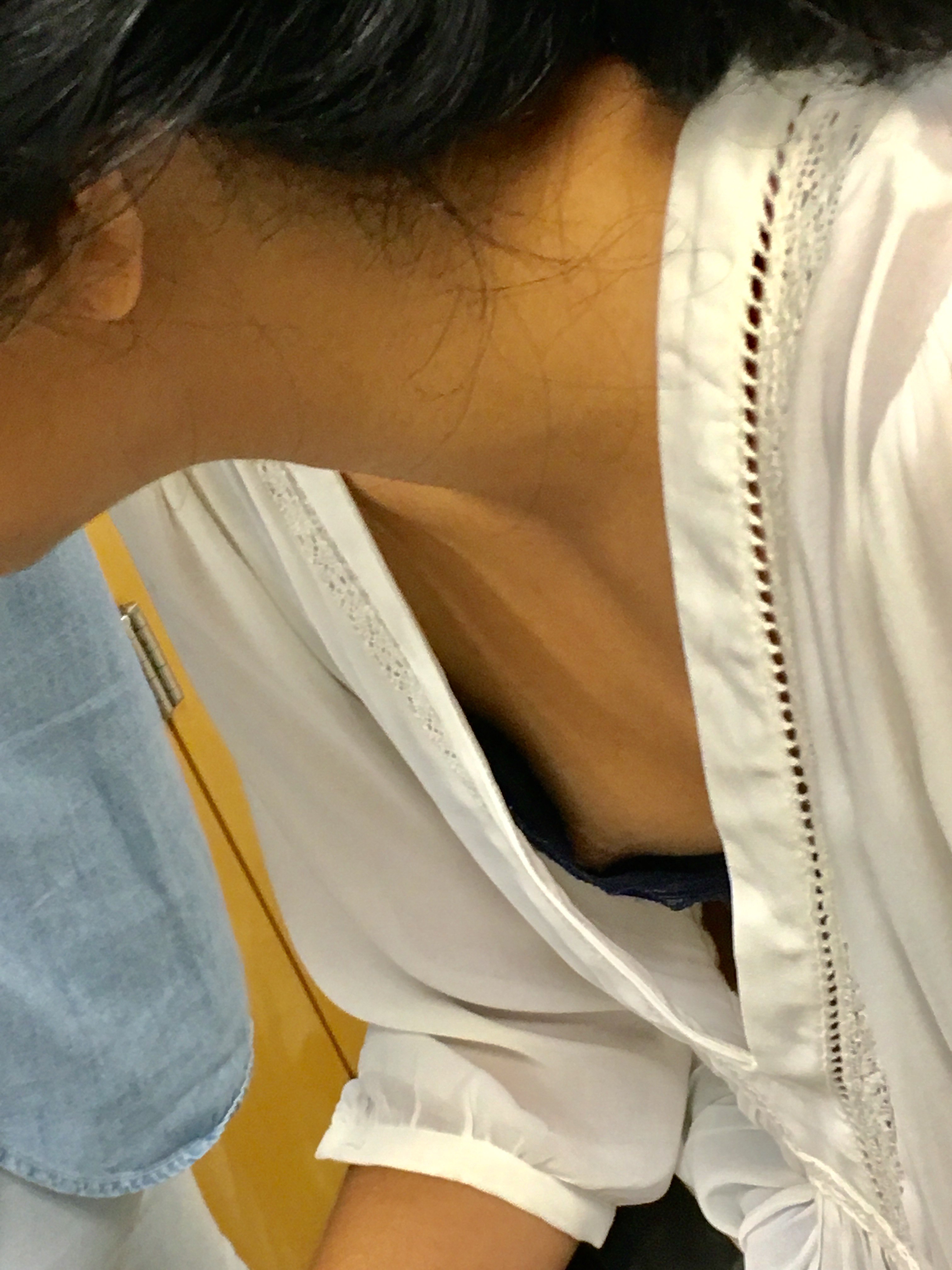 Petite asian college downblouse with nip slip