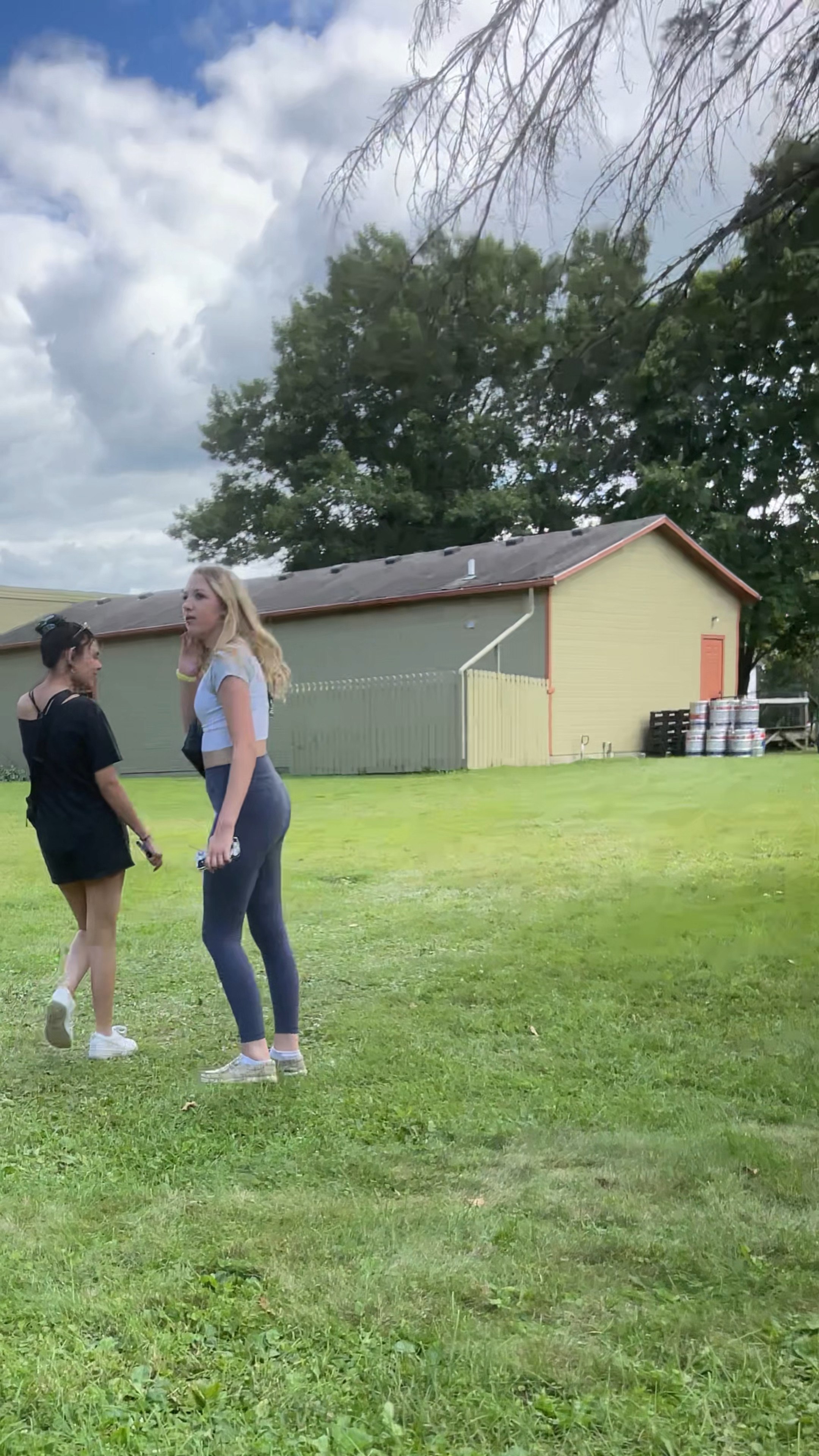 Cute fair teen in blue leggings