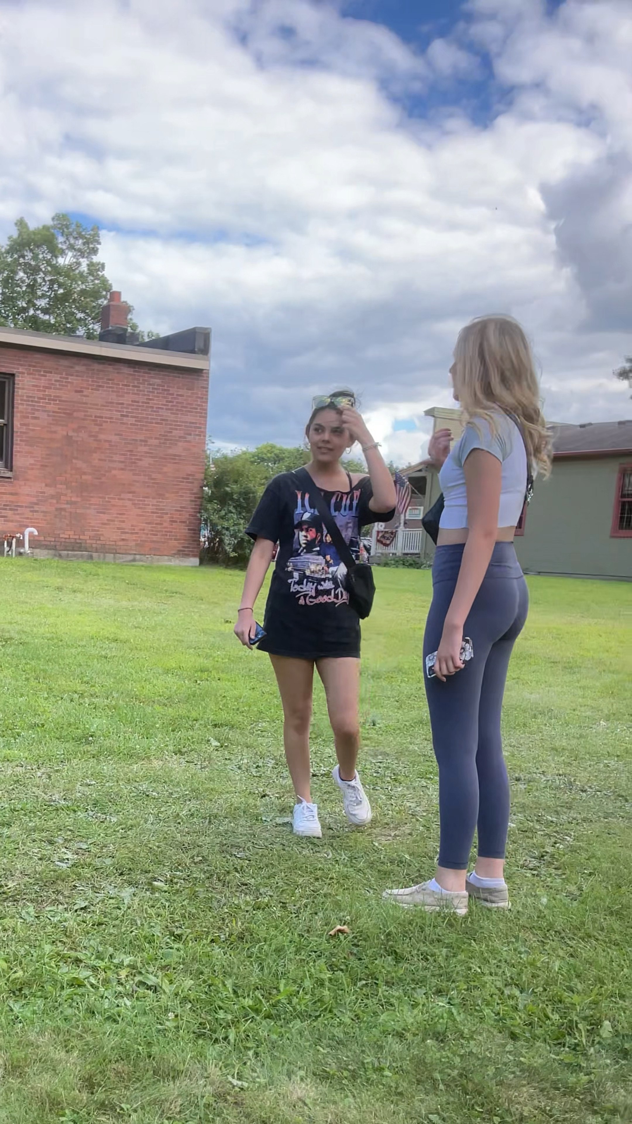 Cute fair teen in blue leggings