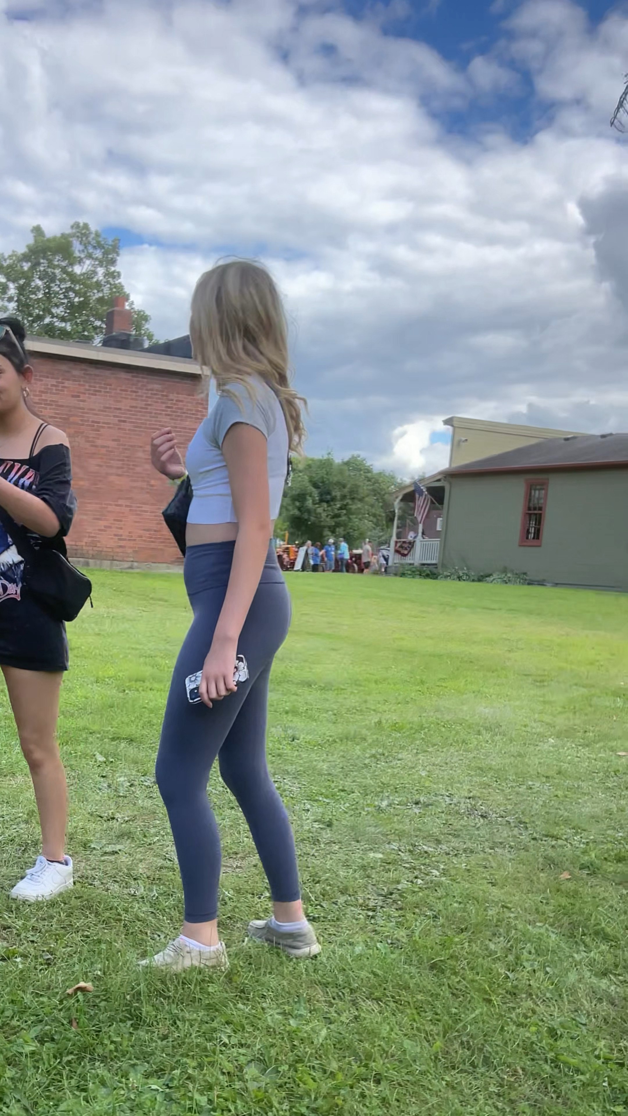 Cute fair teen in blue leggings