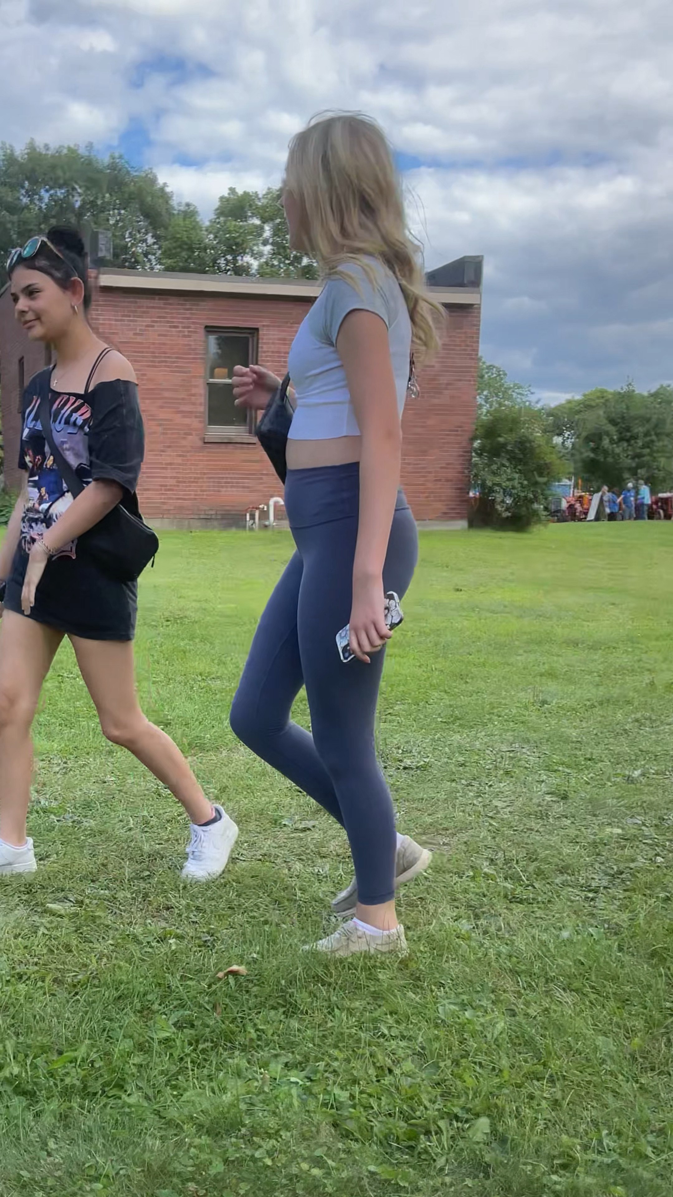 Cute fair teen in blue leggings