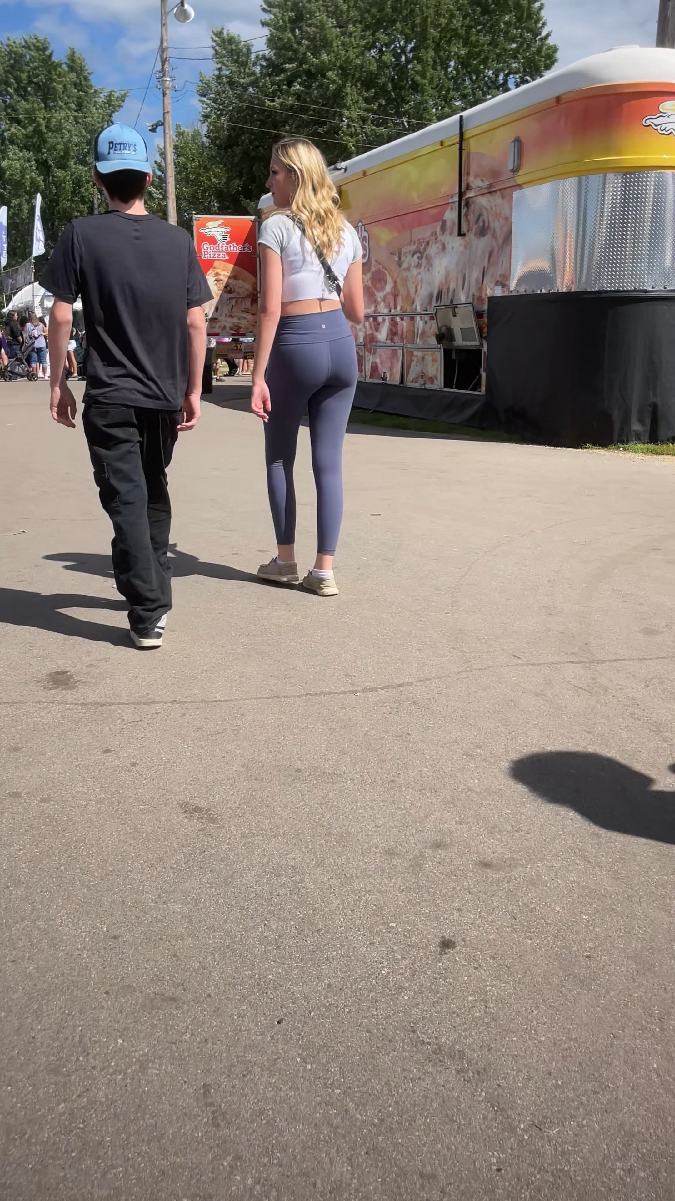 Cute fair teen in blue leggings