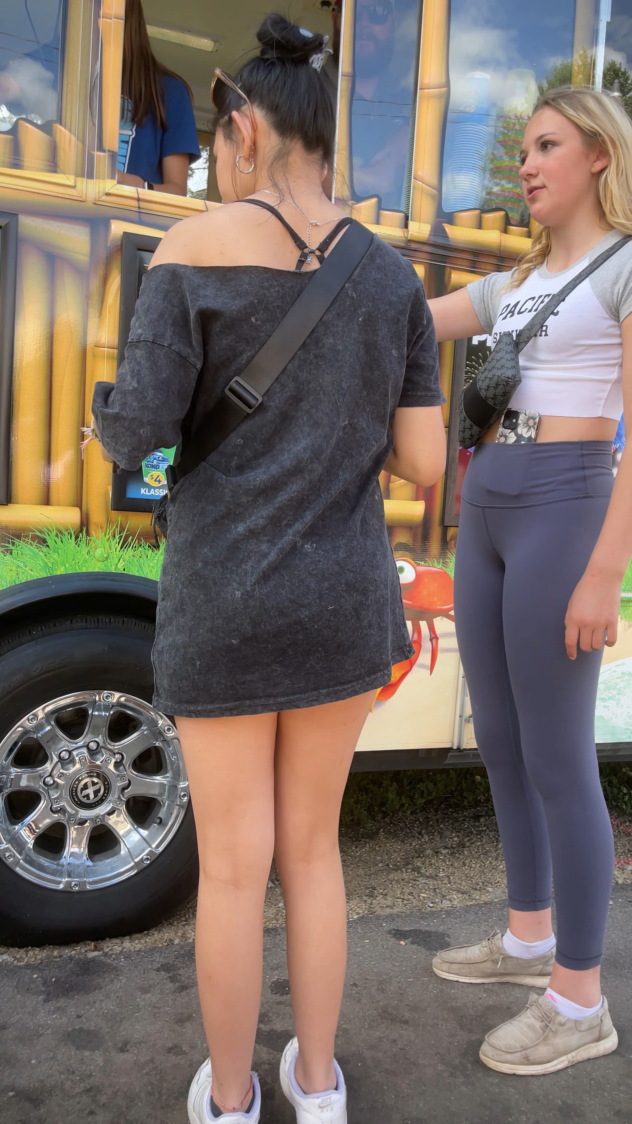 Cute fair teen in blue leggings